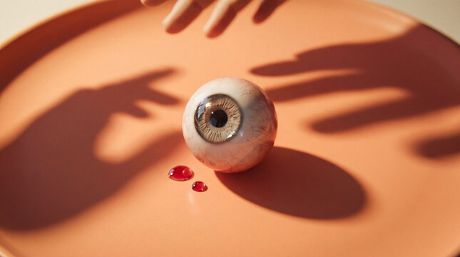 Human eyeball resting on a peach colored plate with shadows of hands reaching