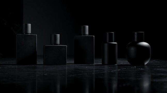 Five dark matte perfume bottles stand in a row on a reflective dark surface against a black background, creating a moody and minimalist studio product display.