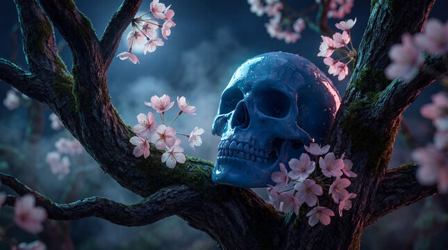 Blue human skull resting on a mossy tree branch with pink cherry blossoms