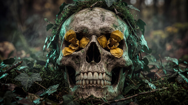 Human skull covered in moss and ivy with yellow flowers in the eye sockets