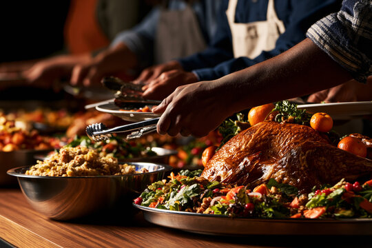 Volunteers in orange aprons serving Thanksgiving turkey and sides at community food drive