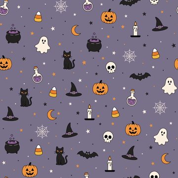 Animated Cute Halloween Seamless Pattern with Pumpkin Ghost Black Cat Witch Hat Bat Cauldron Skull Candle Potion Bottle and Spider Web on Purple Gray Background, Diagonal Scrolling Motion