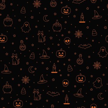 Animated Cute Halloween Orange Outline Seamless Pattern with Pumpkin Ghost Black Cat Bat Witch Hat Cauldron Skull Candle Potion Bottle and Spider Web on Black Background, Diagonal Scrolling Motion