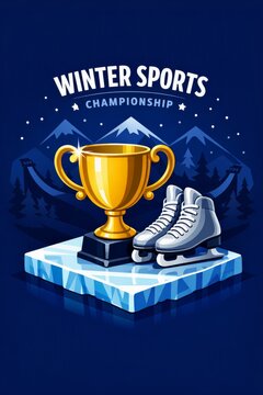 Winter sports championship trophy with gold cup and ice skates on ice pedestal for competition poster and athletic event banner design