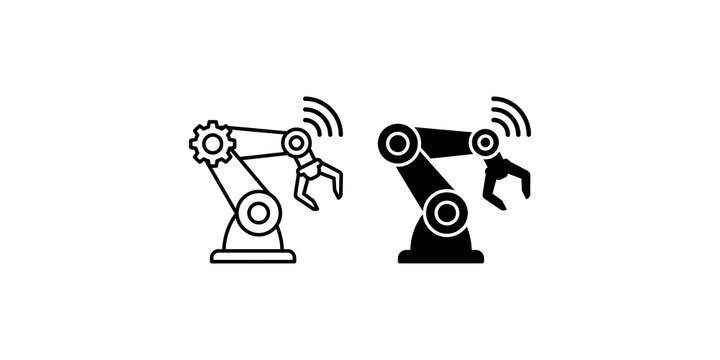 Robotic arm machinery with cogwheel and wireless connectivity icons for industrial automation design.