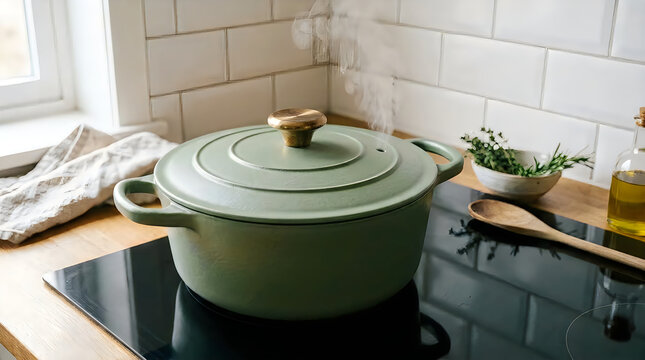 Olive green dutch oven on a stovetop in a bright kitchen setting
