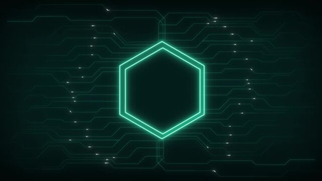 Hexagonal frame animation pulses on a digital board. Motherboard paths frame this hexagonal frame animation. Cyber overlays use the active hexagonal frame animation.