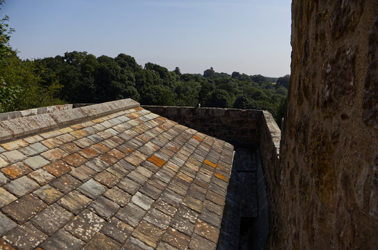 Traditional weathered stone slate tile roof on a historic building enclosed by a parapet wall, overlooking green summer trees.