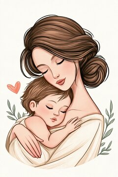 Hand-drawn illustration depicting a mother tenderly holding her sleeping child against her chest, both appearing peaceful with closed eyes and soft features