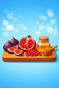 Pomegranate figs and honey on wooden board for healthy breakfast background and recipe banner or food packaging design