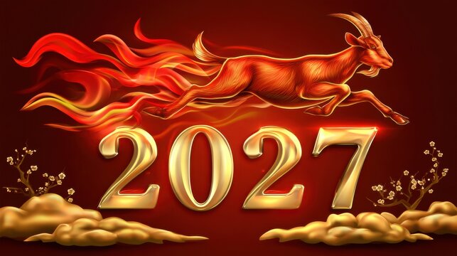 Lunar New Year 2027 illustration showcases a leaping Fire Goat above glowing gold numbers 2027, with vibrant flames, golden clouds, and plum blossom branches