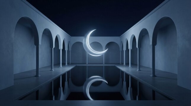 Glowing crescent moon over a dark water pool in an ancient middle eastern courtyard