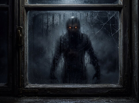 Foggy window reveals ominous shadow with glowing eyes