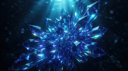 Fototapeta premium Abstract blue crystal explosion with glowing light shards on a dark black background