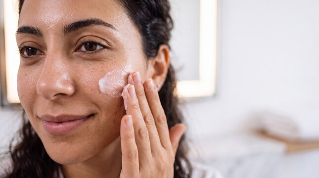 Close up of young woman applying face cream moisturizer skincare