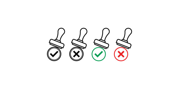Rubber stamp icon set with check mark and cross symbols for approval or rejection verification tasks.
