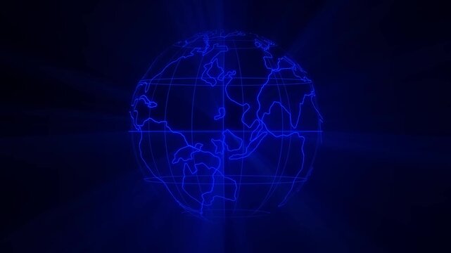 Wireframe globe animation rotates with grid lines on dark. Telecommunication links the wireframe globe animation. Cyber data infrastructure powers the globe animation.