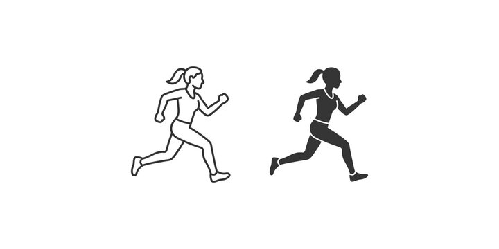 Running woman female runner silhouette and outline on transparent background for sports and fitness designs.