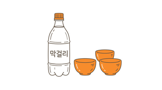 Korean makgeolli rice wine bottle with three small orange drinking bowls in a clean flat illustration
