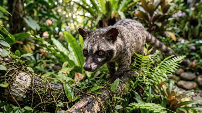Brown civet cat exploring dense tropical forest undergrowth with ferns and moss