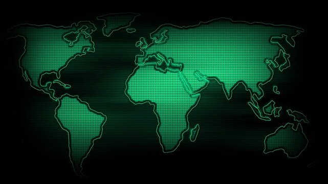 World map grid animation glows in green lines on black. Telecommunication links the world map grid animation. Cyber telemetry routes across this map grid animation.