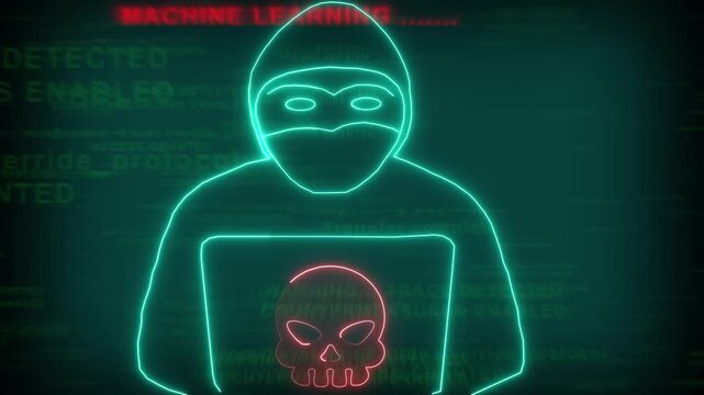 Hacker silhouette animation displays glitched code on dark. Security threats trigger on hacker silhouette animation. Computer alerts flash on this hacker silhouette animation.