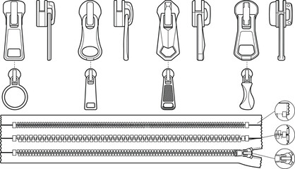 Technical line drawing of zipper sliders, pullers, and interlocking teeth for fashion design tech packs © Arif Ahmed
