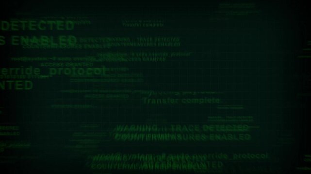 Computer screen animation displays green trace warnings. Cyber security alerts trigger on computer screen animation. Hacking warnings flash on the computer screen animation.