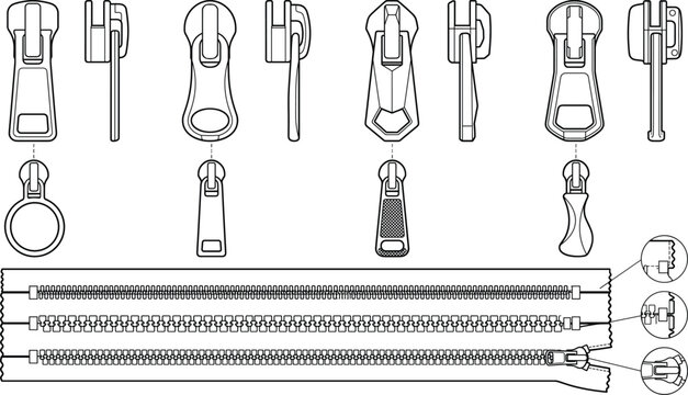 Technical line drawing of zipper sliders, pullers, and interlocking teeth for fashion design tech packs