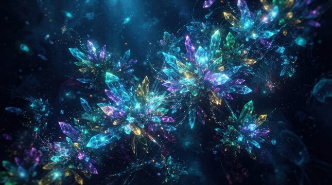 Abstract glowing blue and purple crystals floating in deep dark space background