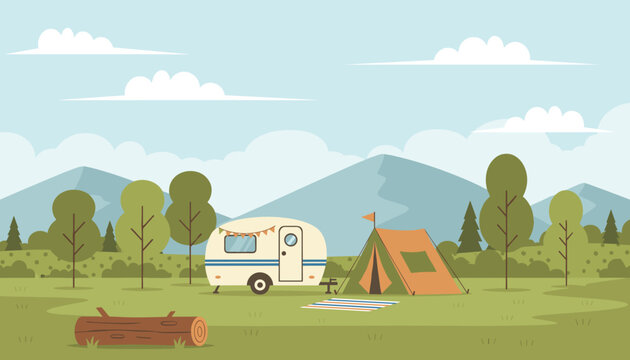 Quiet camping site with a white camper trailer and a tent in the forest near green hills and mountains.
