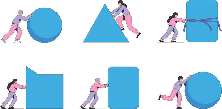 Business efficiency vector collection with characters pushing geometric shapes sphere triangle cube and rectangle objects on white background (18 words)