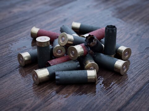 Spent shotgun shell casings scattered on wet wooden background
