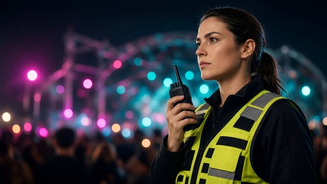 Female Security Guard Holding Walkie-talkie at Night Event Venue with Colorful Lights