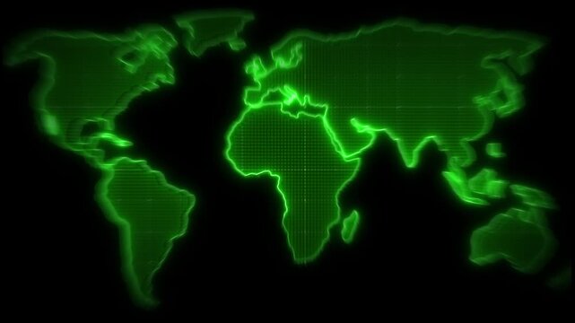 Neon world map animation glows in green outlines on dark. Telecommunication routes on the neon world map animation. Global data paths stream across the world map animation.