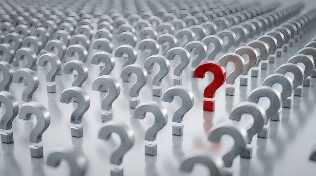 A single red question mark stands out from a sea of gray question marks
