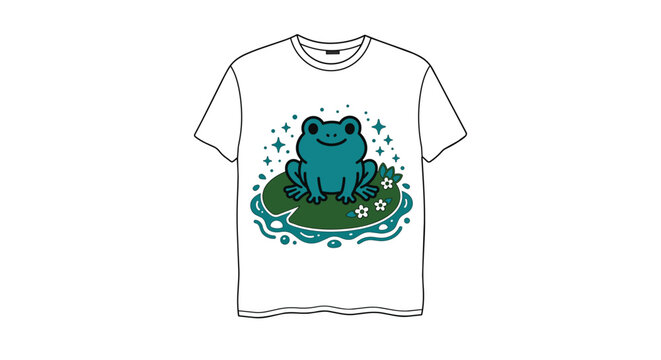 Whimsical teal green frog character resting on lily pad within water ripple frame, Decorative night sky stars surround aquatic scene suitable for nursery decor and t-shirt designs