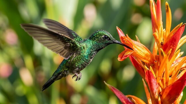 A vibrant hummingbird hovers near a fiery heliconia flower in a lush garden setting