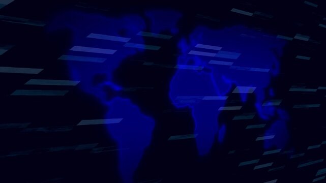 Blue world map animation displays digital data on dark. Telecommunication links on the blue world map animation. Global cyber infrastructure powers the world map animation.