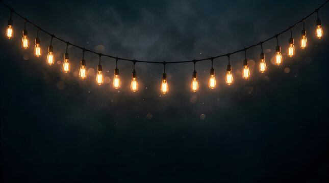 Warm string lights hanging outdoors creating a festive and inviting atmosphere