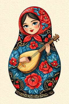 Illustration of a matryoshka doll woman in a red headscarf and blue dress, holding a balalaika, adorned with bold floral patterns and intricate designs
