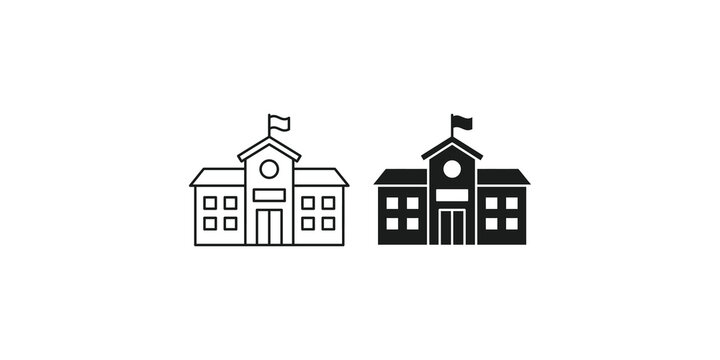 School building icons with flag motif in outline and solid black graphic styles.