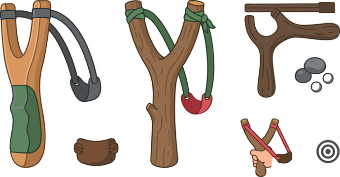 Slingshot vector set featuring traditional wooden Y shaped slingshots modern hunting catapult pocket pouch stone ammunition target icon and aiming hand