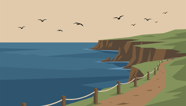 Scenic coastal landscape featuring a dirt hiking path along green grassy cliffs overlooking the blue sea.