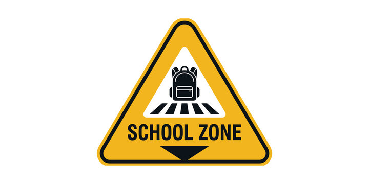 School zone yellow triangular warning sign with backpack icon for traffic safety alert.