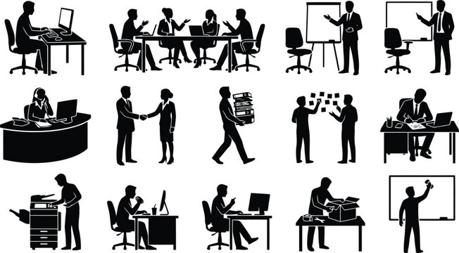 Set of black silhouette depicting office work, business meetings, presentations, and tasks in a corporate environment