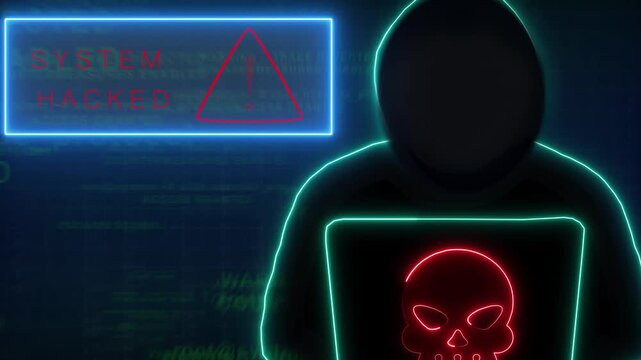 Hacker in hoodie animation displays a glowing skull icon. Security alerts trigger on the hacker in hoodie animation. System threat monitoring tracks this hacker animation.