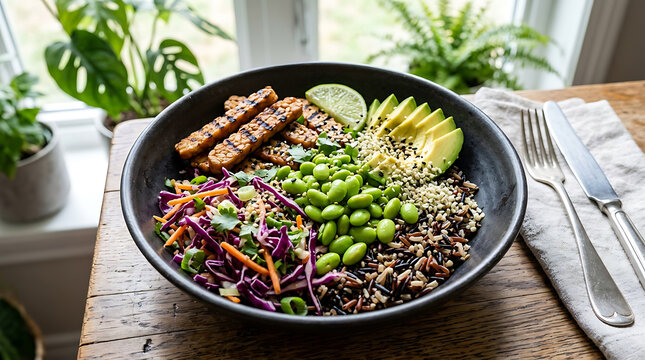 Healthy vegan bowl with grilled tempeh edamame avocado cabbage and rice
