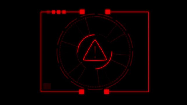 Warning symbol animation flashes in a circular screen. Security alerts trigger on this warning symbol animation. High tech threat notices use warning symbol animation.