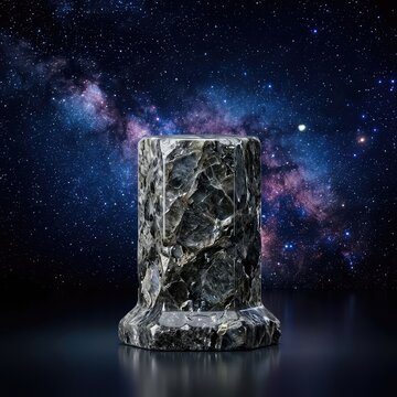 A glossy lunar rock texture podium from a front view focus stands set against a captivating deep space backdrop background with distant stars, sharp, charcoal, moon